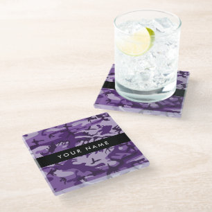 Purple Camouflage Your name Personalize Glass Coaster