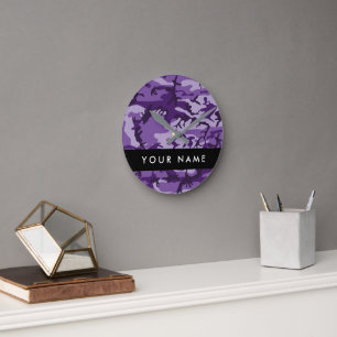 Purple Camouflage Your name Personalize Round Clock