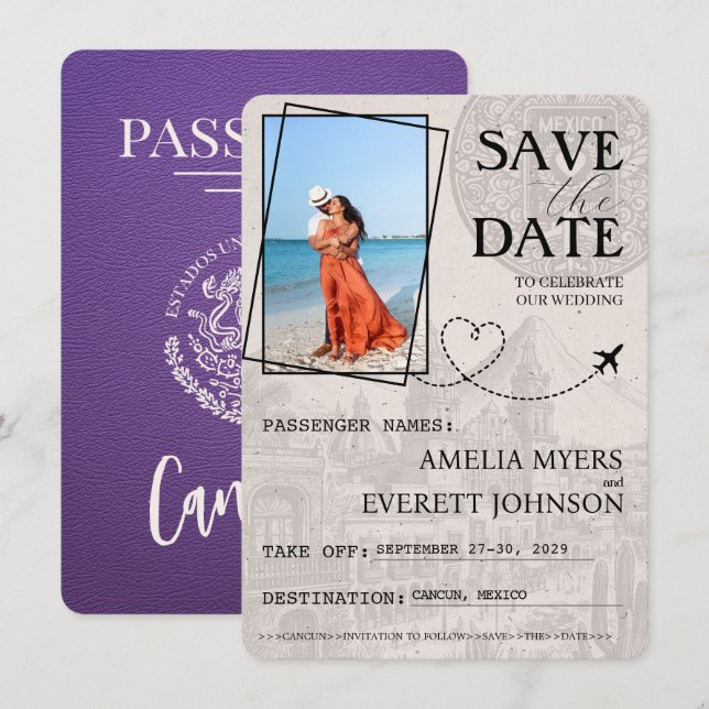 Purple Cancun Passport Save The Date (Front/Back)