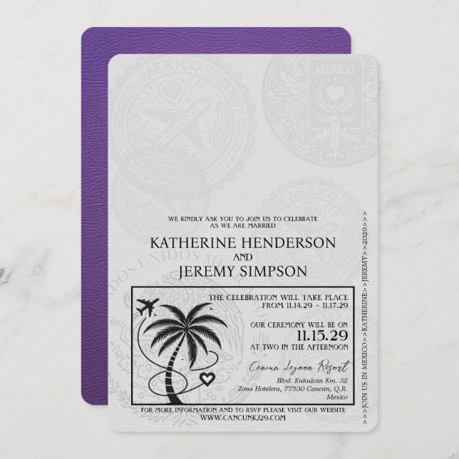 Purple Cancun Passport Wedding Invitation (Front/Back)