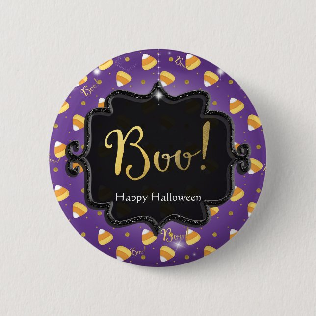 Purple Candy Corn & Gold Dots Whimsical Halloween 2 Inch Round Button (Front)