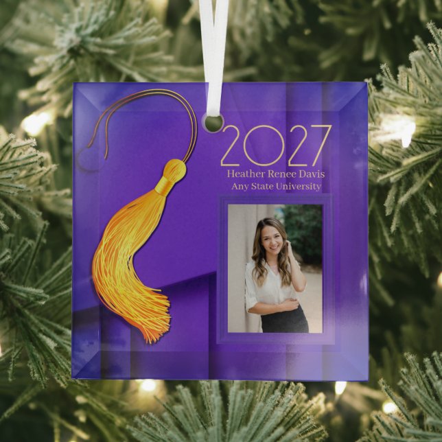 Purple Cap and Gown with Gold Tassel  Glass Ornament (Insitu)