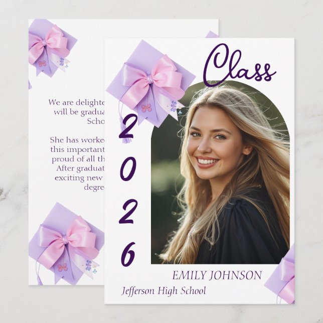 Purple Cap Photo Graduation Announcement  (Front/Back)