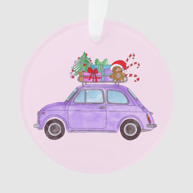 Purple Car with Christmas Gifts Ornament (Front)