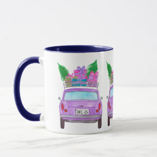 Purple Car with Christmas Gifts Watercolor Mug