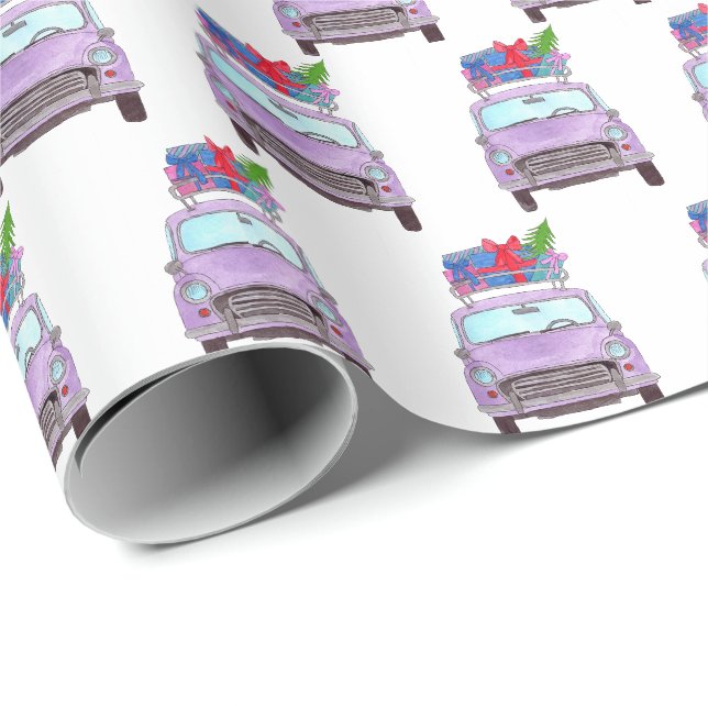 Purple Car with Christmas Gifts Watercolor Wrapping Paper (Roll Corner)