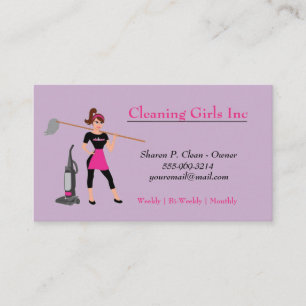 Purple Cartoon Girl & Mop House Cleaning Service Business Card