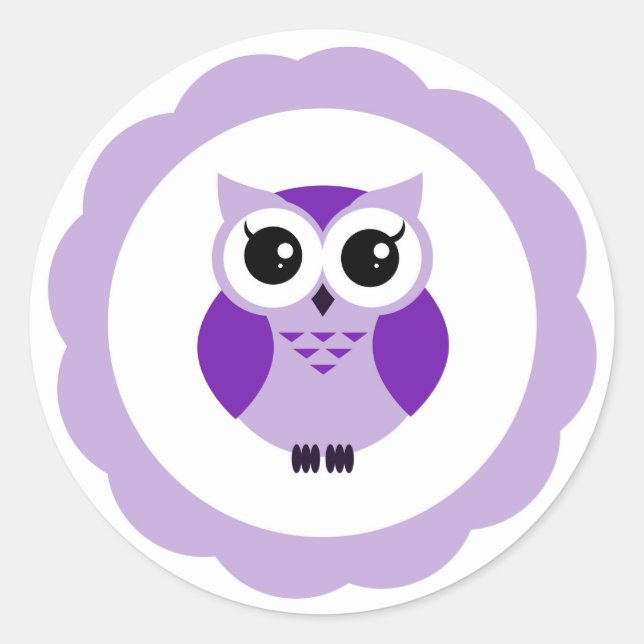 Purple cartoon owl classic round sticker (Front)