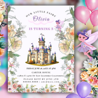 Purple Castle Fairytale Birthday Theme with Fairy Announcement Postcard