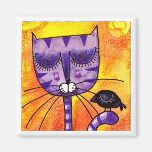 Purple Cat & Crow - Square Magnet