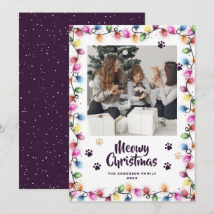Purple Cat Paws Christmas Lights Photo Meowy Holiday Card