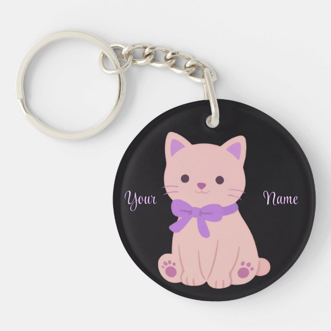 Purple Cat with Bow Cute Kawaii Custom Black Keychain (Front)