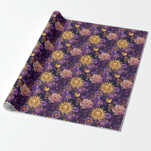 Purple Celestial Floral Sun Moon and Stars  Wrapping Paper