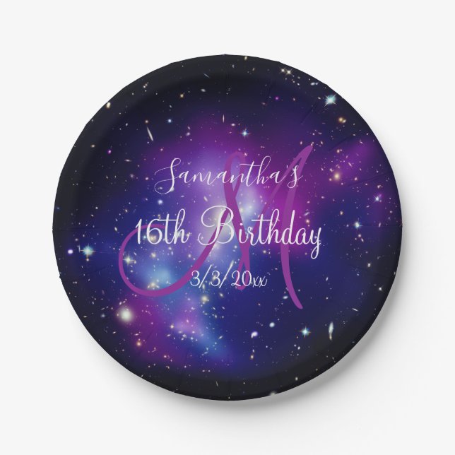 Purple Celestial Monogram Birthday Paper Plate (Front)