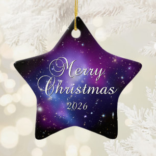 Purple Celestial Space Photo Merry Christmas Ceramic Ornament