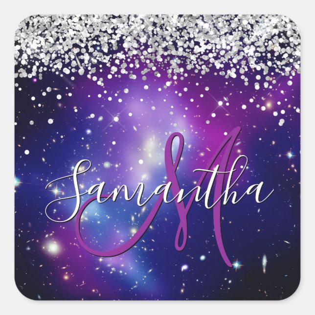 Purple Celestial Sparkly Silver Glitter Monogram Square Sticker (Front)