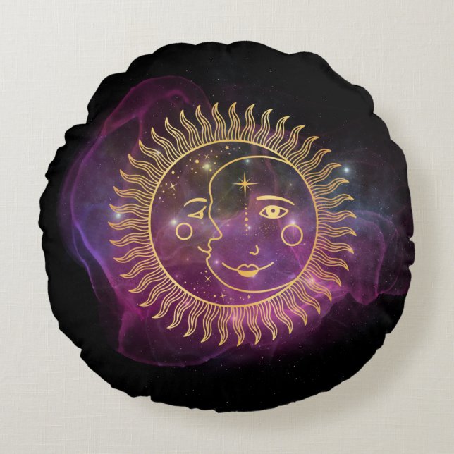 Purple Celestial Sun and Moon Round Pillow (Front)