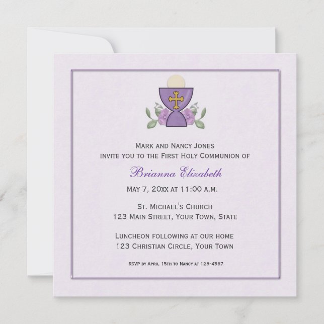 Purple Chalice First Communion Invitation (Front)