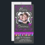Purple Chalkboard Merry Christmas Photo Card<br><div class="desc">Merry Christmas holiday photo cards with a chalkboard look background,  lots of purple swirls and text that reads Merry Christmas,  a string of colourful tree lights in various colours,  purple hanging ornaments,  and areas you can customize these beautiful and bright holiday photo cards with your photo and names!</div>