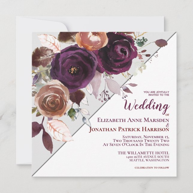 Purple Champagne Fall Floral Geometric Wedding Invitation (Front)