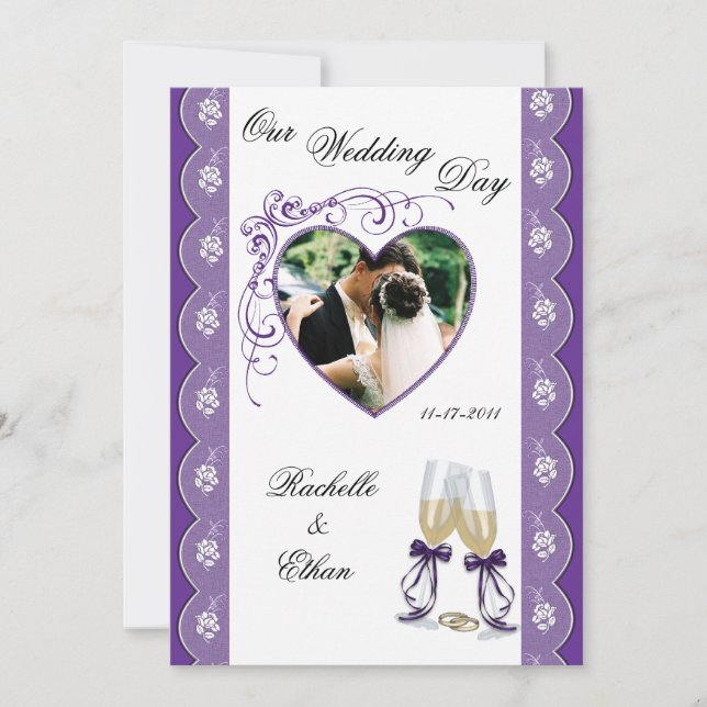 Purple Champagne Glass Wedding Photo Invitations (Front)