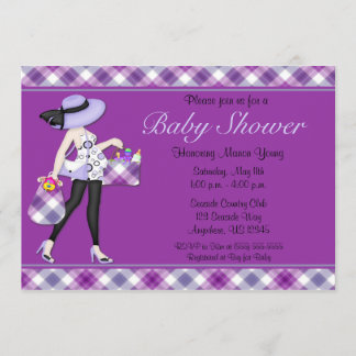 Purple Check Baby Shower Invitation