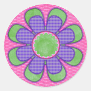 Purple Check Flower Classic Round Sticker
