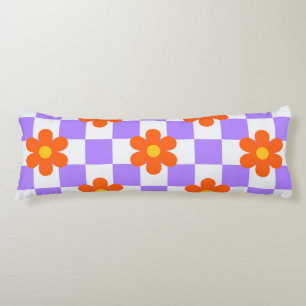 Purple Check Pattern With Orange Hippie Flower Body Pillow