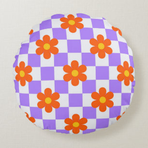 Purple Check Pattern With Orange Hippie Flower Round Pillow