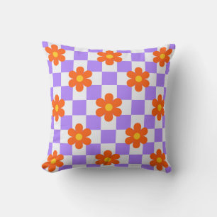Purple Check Pattern With Orange Hippie Flower Throw Pillow