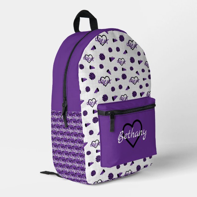 Purple Cheer Hearts, Pom Poms, Megaphone Pattern Printed Backpack (Back Corner Left)