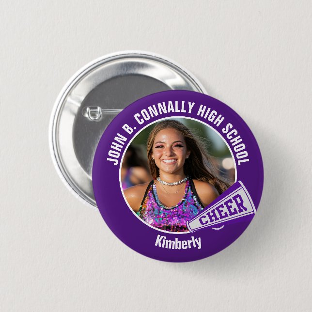 Purple Cheerleader Photo High School Spirit Cheer 2 Inch Round Button (Front & Back)