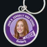 Purple Cheerleader Photo High School Spirit Keychain<br><div class="desc">This cool customized high school cheerleader photo gift features white typography of your team and player name on a purple keychain with a cheer megaphone. Personalize with your student's photograph and class year as a proud cheerleading parent. A great gift for a mom or dad.</div>