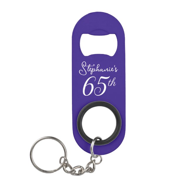 Purple Cheers to 65 Years 65th Birthday Party Keychain Bottle Opener (Front)