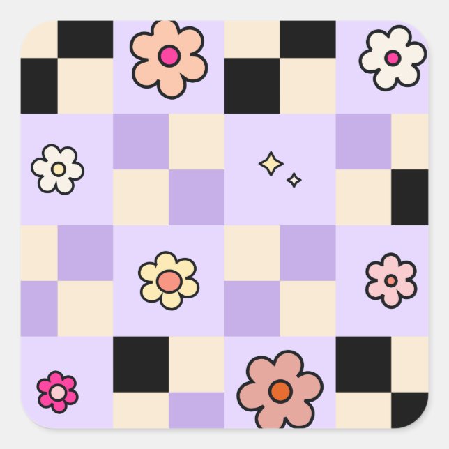 Purple Chequered Daisies Retro Flower Check Square Sticker (Front)