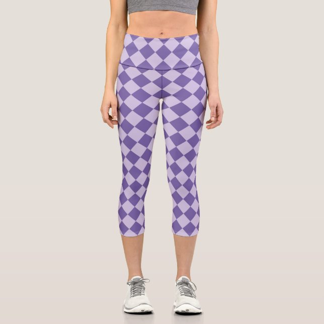 Purple Chequered Diamond Pattern Capri Leggings (Front)
