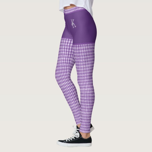 Purple Chequered Fabric Print Initial Personalized Leggings (Left)