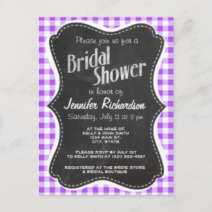 Purple Chequered Gingham; Vintage Chalkboard Invitation Postcard