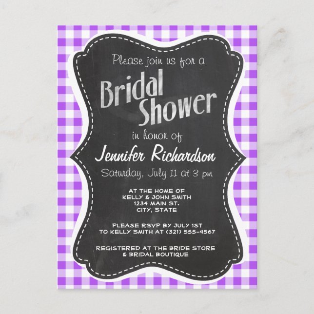 Purple Chequered Gingham; Vintage Chalkboard Invitation Postcard (Front)
