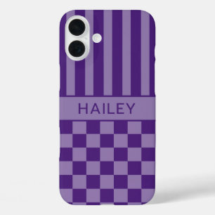 Purple Chequered Striped Personalized iPhone 16 Plus Case