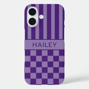 Purple Chequered Striped Personalized iPhone 16 Case