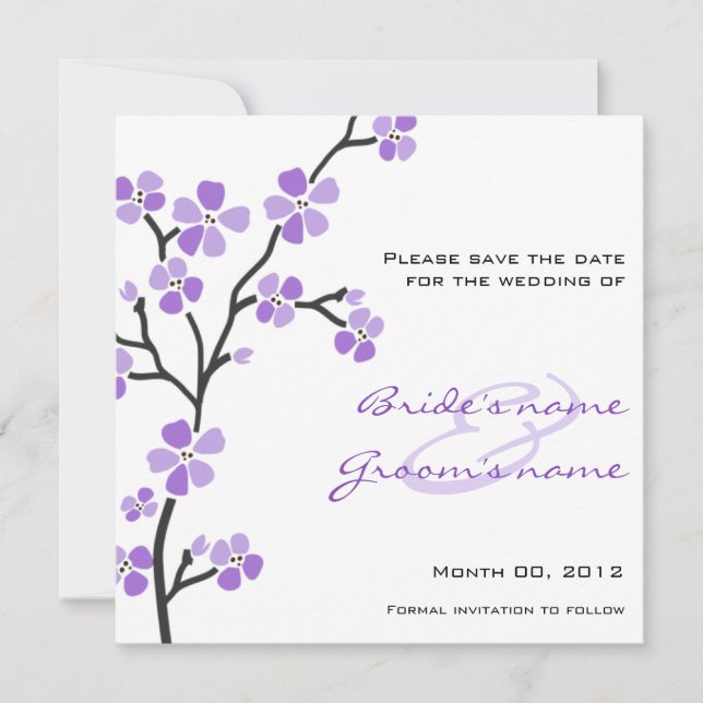 Purple Cherry Blossom Save the Date Cards (Front)