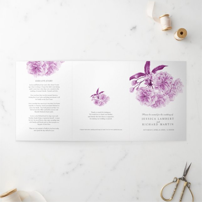 Purple Cherry blossom watercolor Tri-Fold Program (Outside)