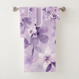 Purple cherry blossoms personalized monogram  bath towel set