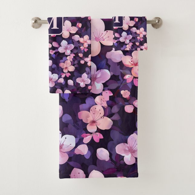 Purple cherry blossoms personalized monogram  bath towel set (Insitu)