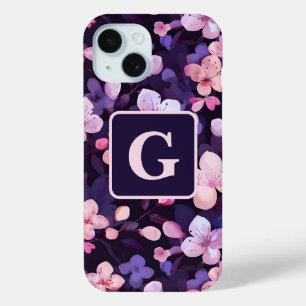 Purple cherry blossoms personalized monogram iPhone 15 case