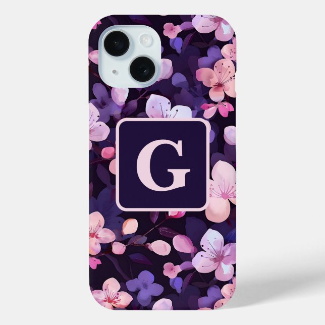 Purple cherry blossoms personalized monogram  Case-Mate iPhone case (Back)