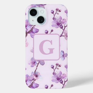 purple cherry blossoms personalized monogram iPhone 15 case
