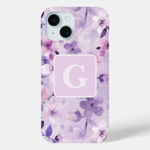 Purple cherry blossoms personalized monogram  iPhone 15 case