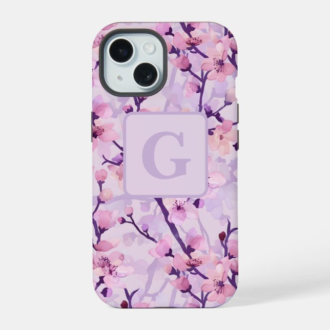 Purple cherry blossoms personalized monogram  iPhone 15 case (Back)
